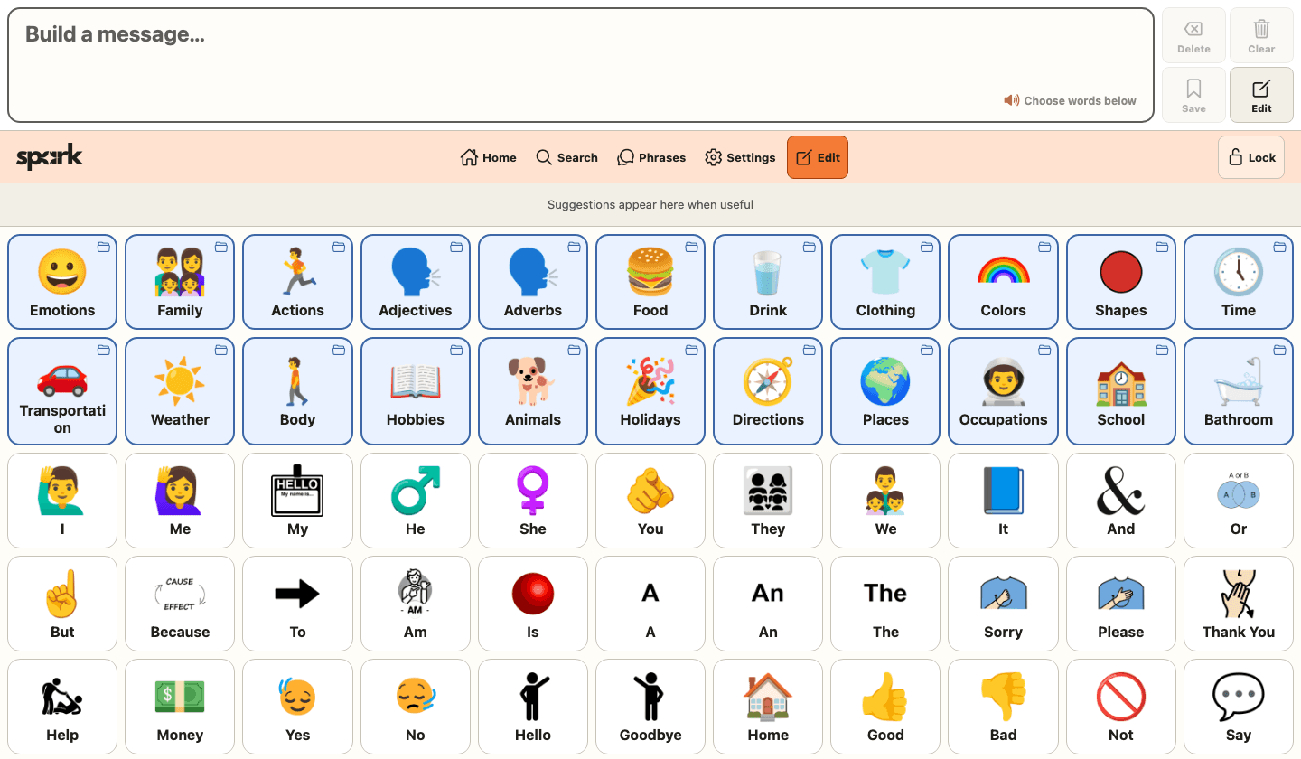 SPARK communication board showing folders and everyday vocabulary